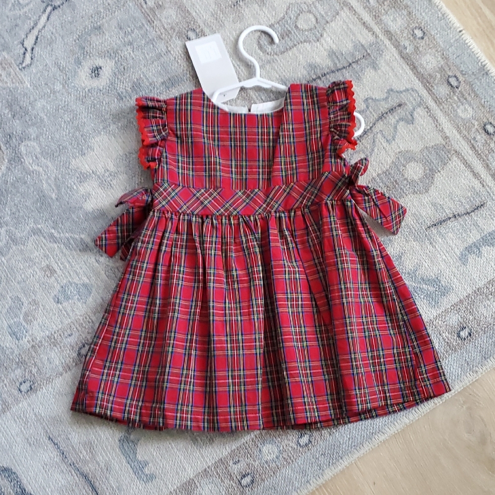 NWT Lil Cactus Baby Girls Red Tartan Plaid Holiday Dress With Bows Sz12-18m